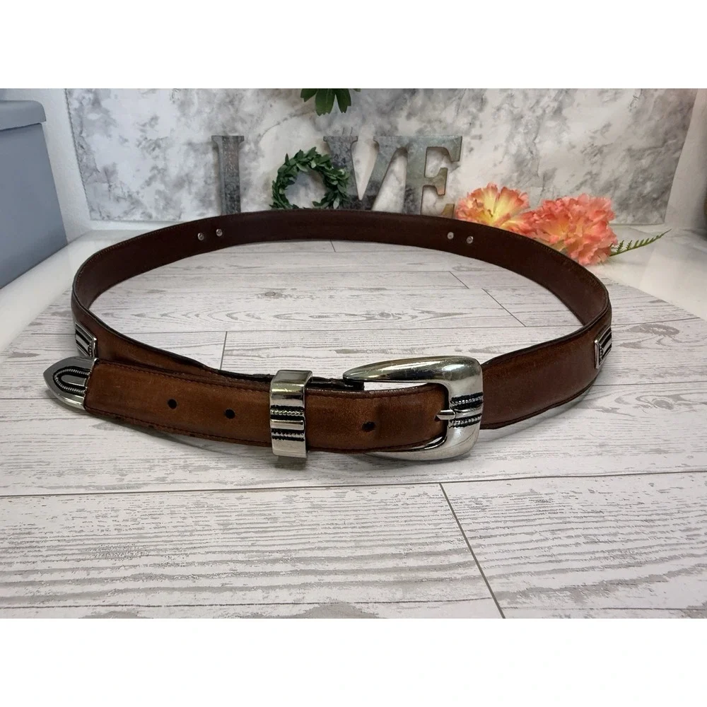 Vintage Brown Silver Tone Buckle Mens Belt Top Grain Leather Size 42 Fits to 44